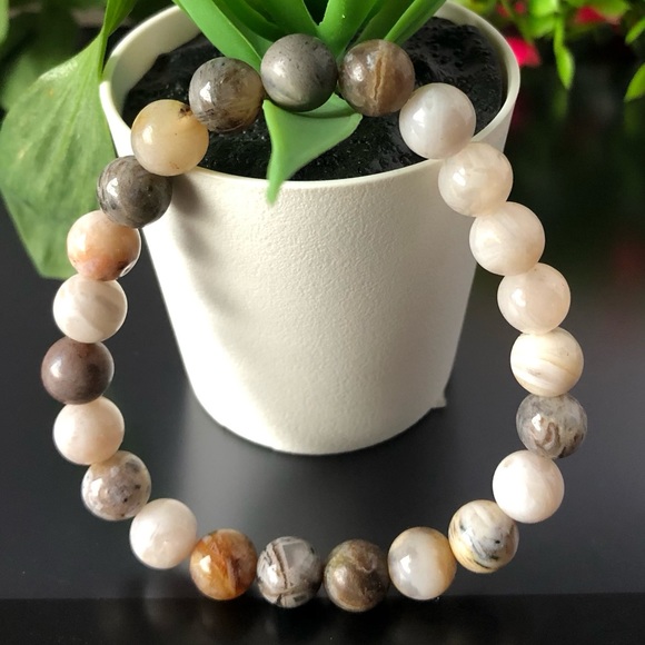 Bamboo Agate 8mm Natural Stone Beads Stretchable Bracelet - Picture 2 of 6